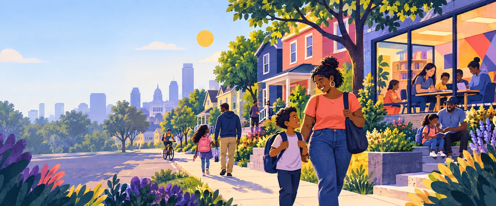Illustration of families, homes, and a neighborhood learning space